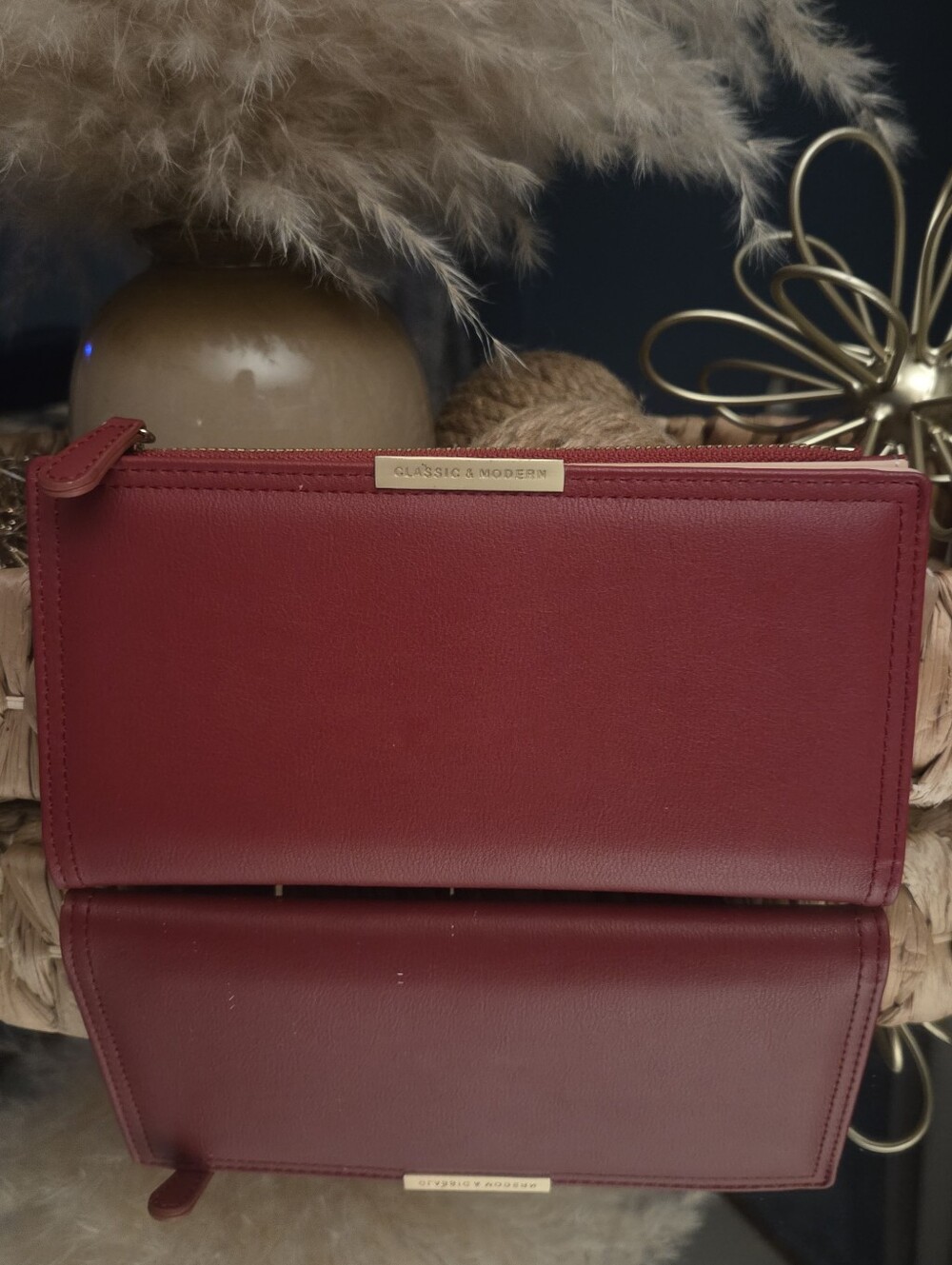 Classic & Modern Burgundy Slim Zip Around Wallet Clutch Gold Tone